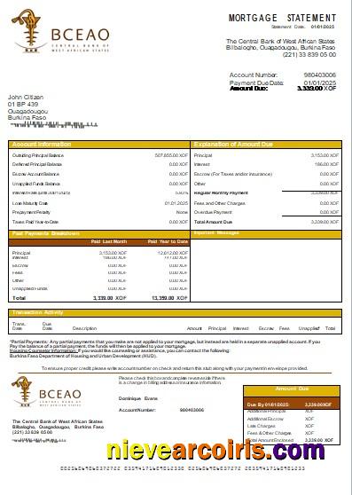 Burkina Faso The Central Bank of West African States bank mortgage statement